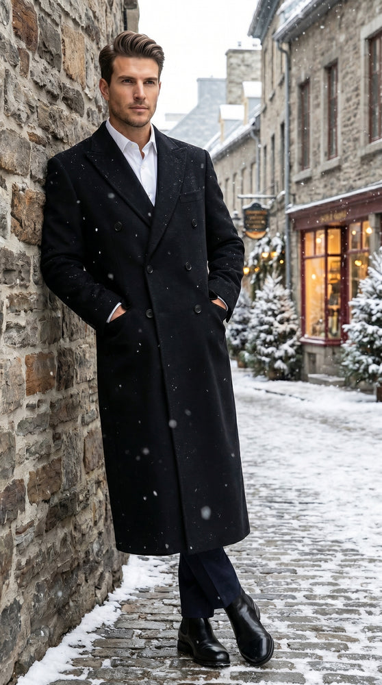 Men’s Black Cashmere Blend Full Length Overcoat, Double Breasted Winter Dress Coat