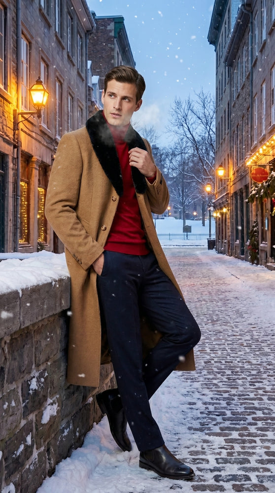 Men’s Camel Big and Tall Long Overcoat with Black Fur Style Collar, Winter Dress Topcoat up to Size 68