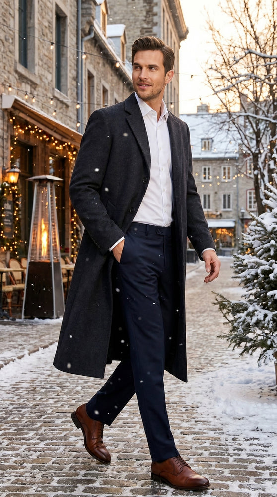 Men’s Black Cashmere Blend Full Length Overcoat, Classic Winter Dress Topcoat