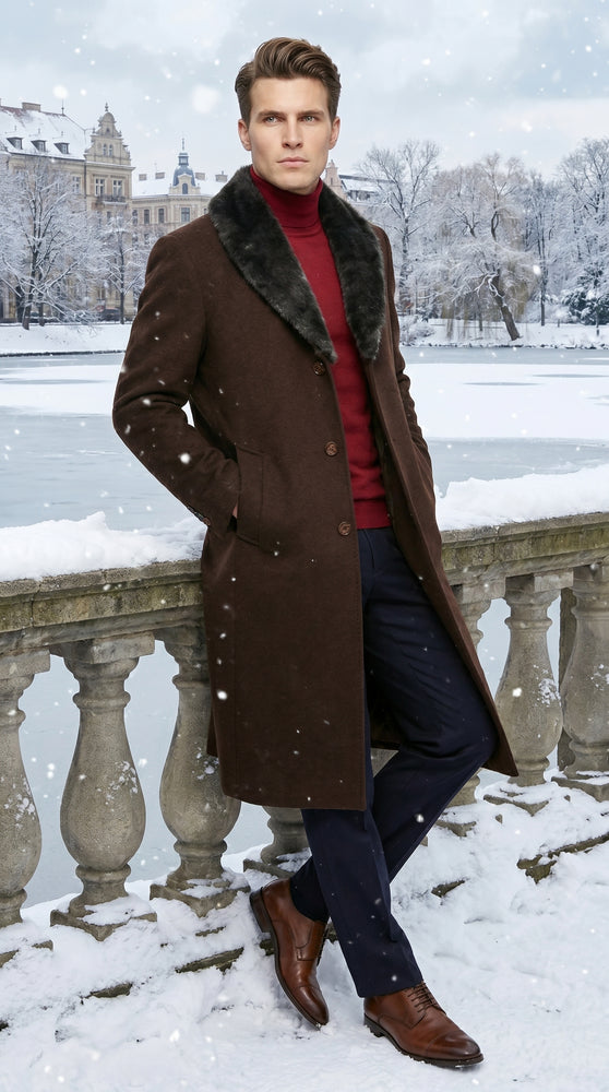 Men’s Brown Big and Tall Long Overcoat with Black Fur Style Collar, Winter Dress Topcoat up to Size 68