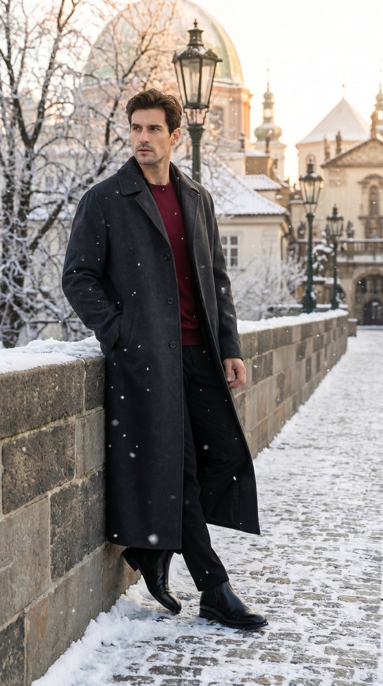 Men’s Charcoal 3 Button Long Wool Blend Dress Coat, Full Length Formal Winter Overcoat