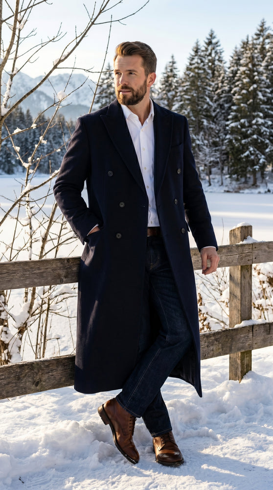Men’s Black Cashmere Blend Full Length Overcoat, Double Breasted Winter Dress Topcoat