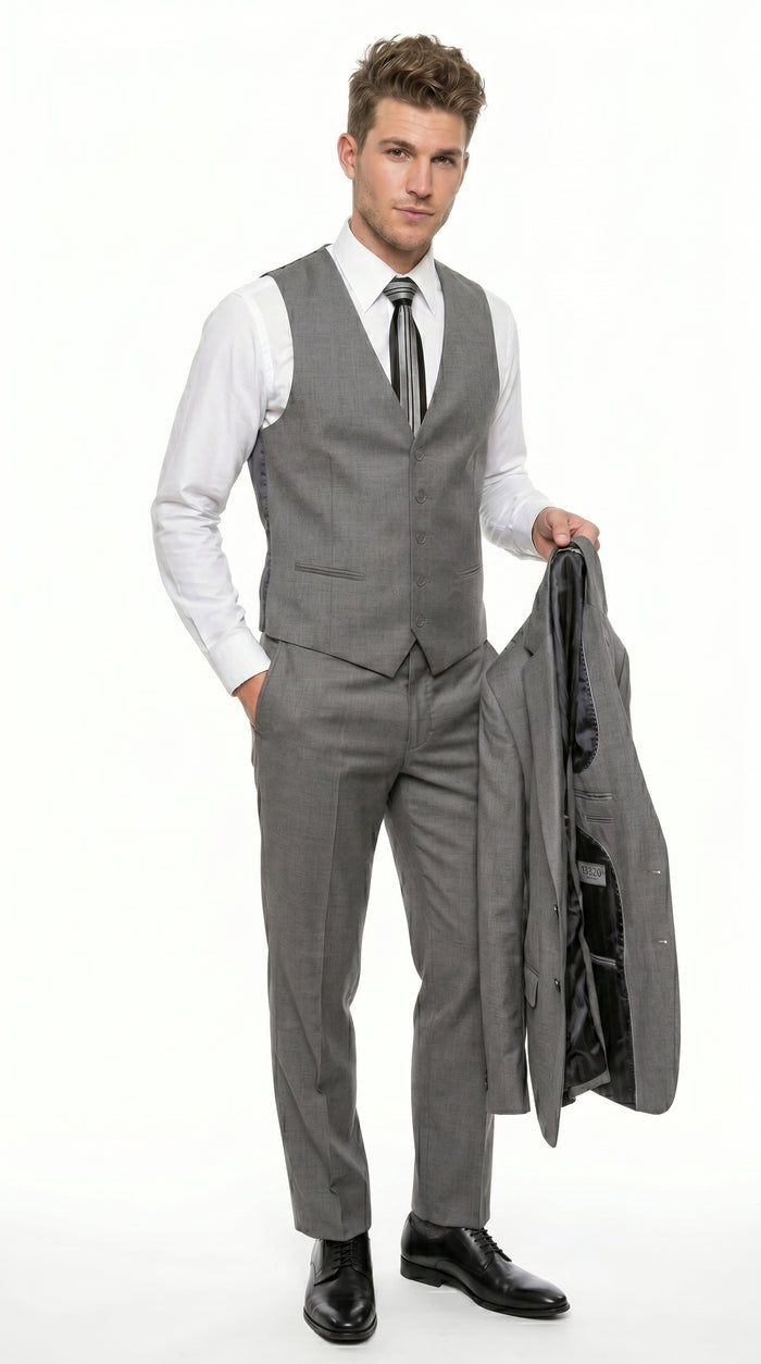 Men’s Gray 3 Piece Vested Suit with 2 Button Jacket and Peak Lapel, Formal Wedding Business Suit