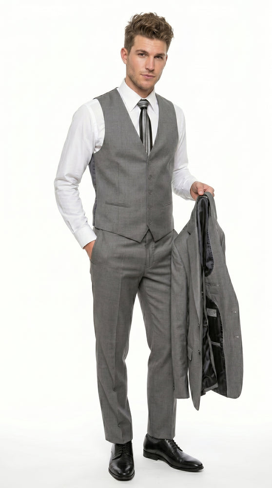 Men’s Gray 3 Piece Vested Suit with 2 Button Jacket and Peak Lapel, Formal Wedding Business Suit