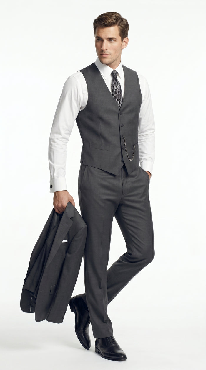 Men’s Dark Grey 3 Piece Vested Suit with 2 Button Jacket and Peak Lapel, Formal Wedding Business Suit