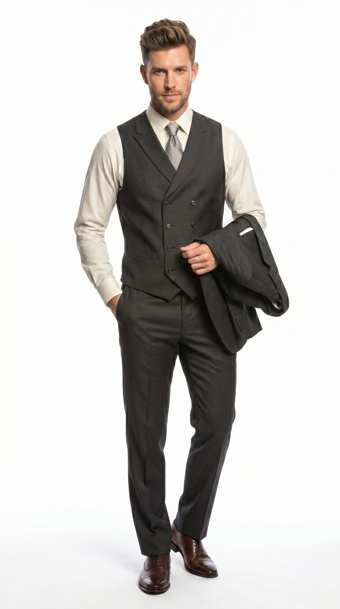 Men’s Urban Gray 3 Piece Suit with Double Breasted Vest and Pleated Pants, Formal Dress Suit