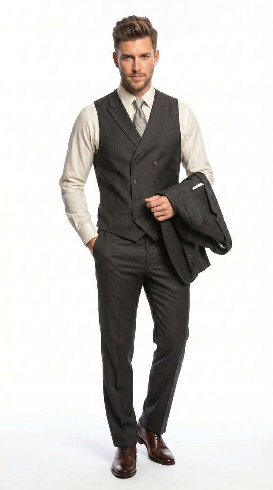 Men’s Urban Gray 3 Piece Suit with Double Breasted Vest and Pleated Pants, Formal Dress Suit