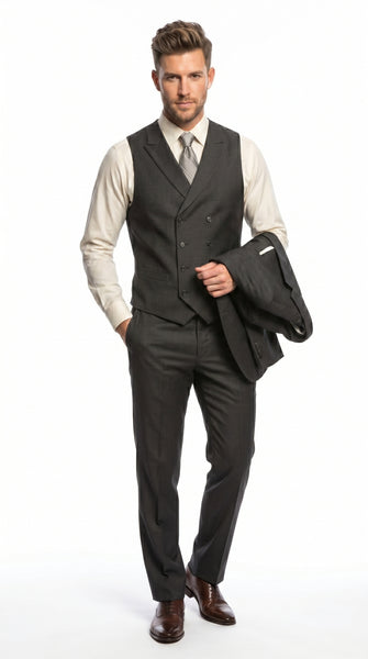 Men’s Urban Gray 3 Piece Suit with Double Breasted Vest and Pleated Pants, Formal Dress Suit