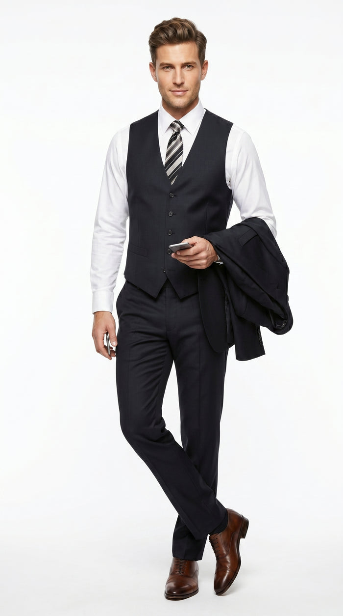 Men’s Black 3 Piece Suit with 2 Button Jacket, Vested Peak Lapel Formal Dress Suit