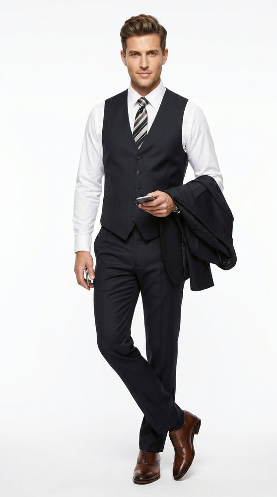 Men’s Black 3 Piece Suit with 2 Button Jacket, Vested Peak Lapel Formal Dress Suit