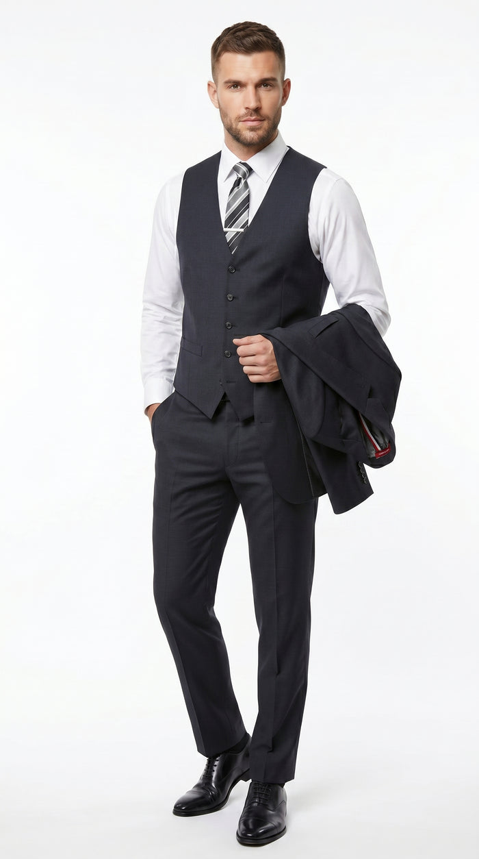 Men’s Black 3 Piece Vested Suit with 2 Button Jacket, Formal Wedding Business Suit