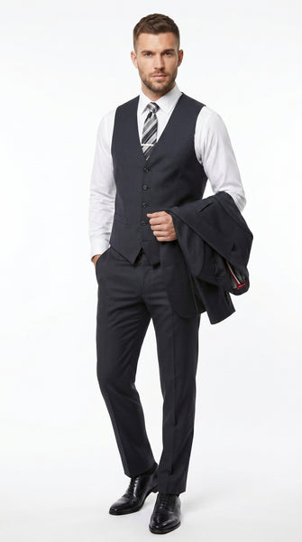 Men’s Black 3 Piece Vested Suit with 2 Button Jacket, Formal Wedding Business Suit