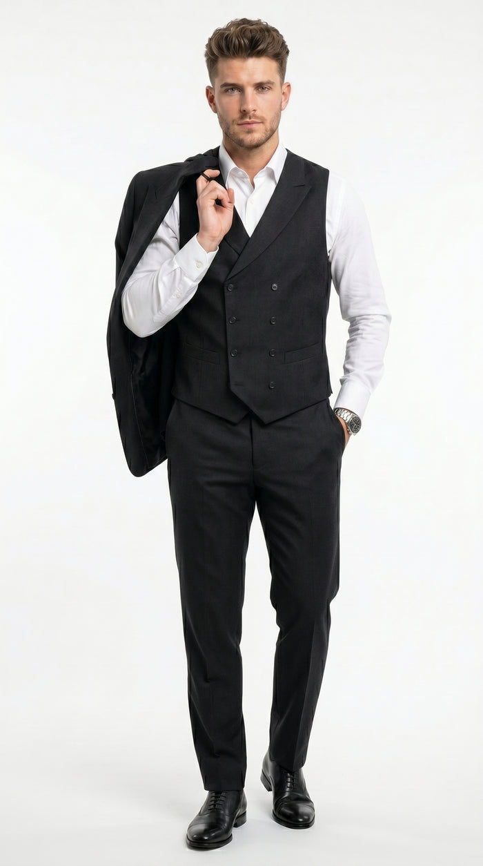 Men’s Black Classic Fit 3 Piece Suit with Double Breasted Vest and Pleated Pants