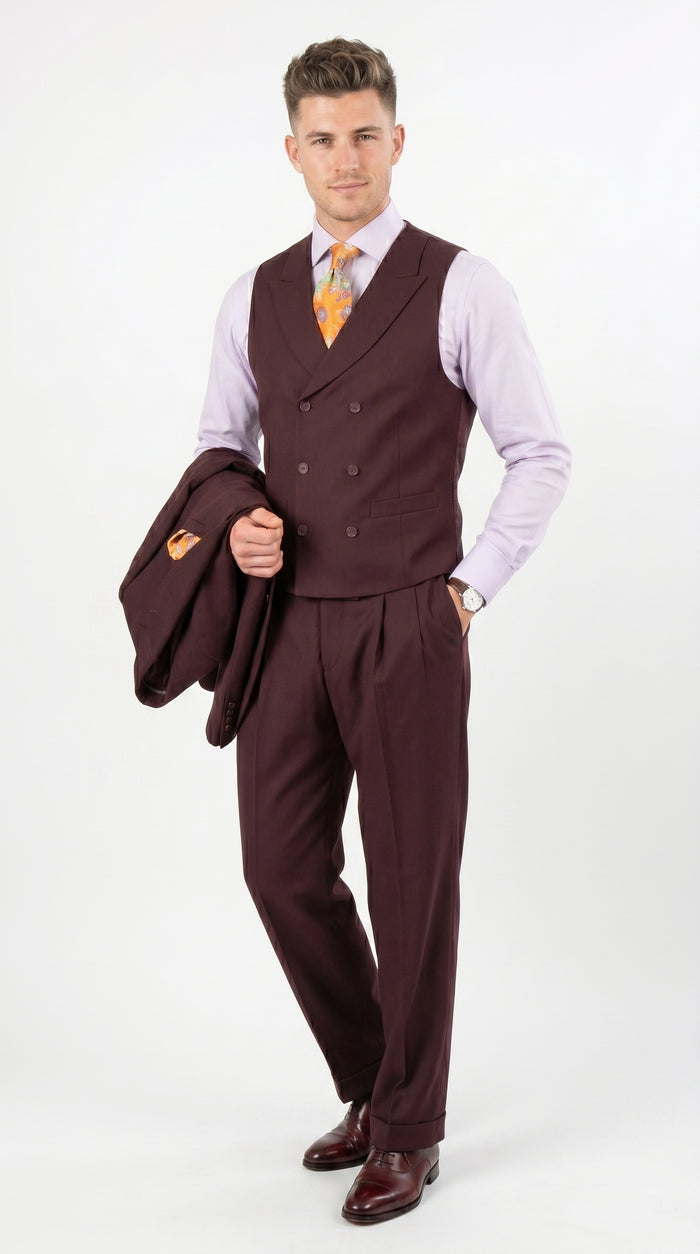 Men’s Burgundy Maroon 3 Piece Suit with Double Breasted Vest and Pleated Pants