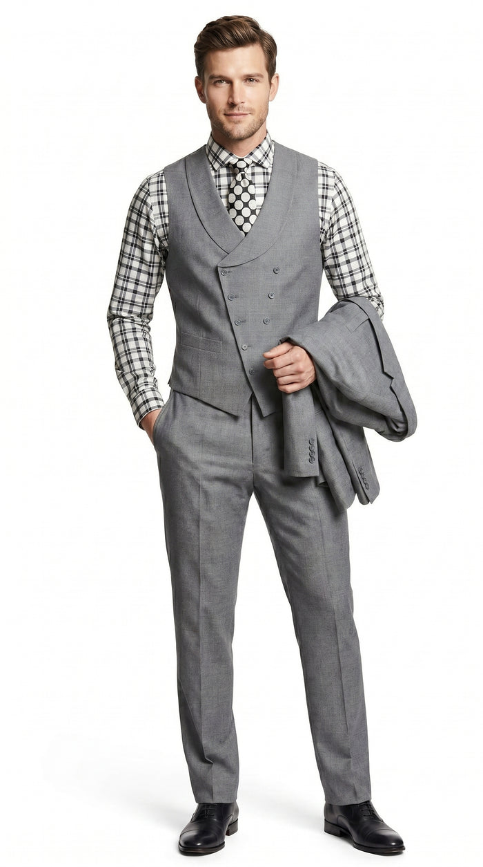 Men’s Light Grey 3 Piece Suit with Double Breasted Vest and Pleated Pants