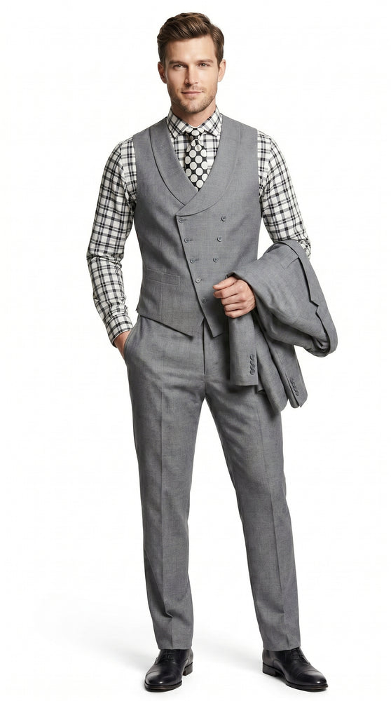 Men’s Light Grey 3 Piece Suit with Double Breasted Vest and Pleated Pants