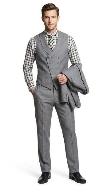 Men’s Light Grey 3 Piece Suit with Double Breasted Vest and Pleated Pants