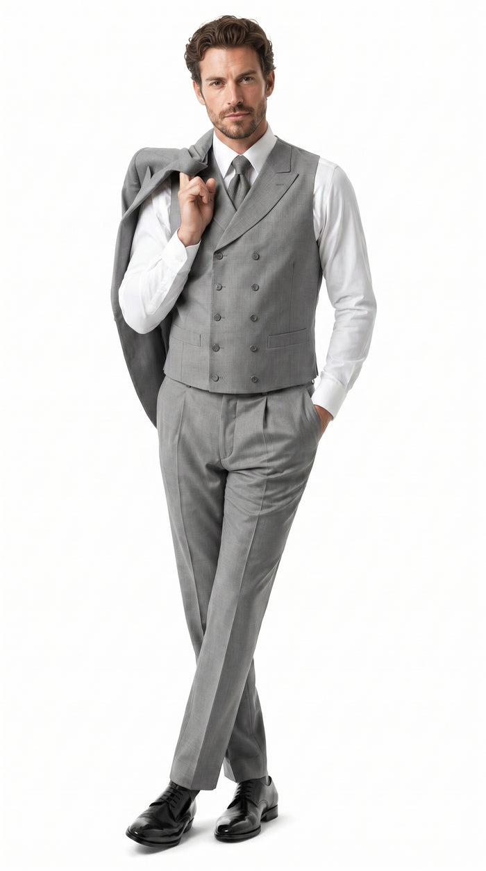 Men’s Grey 1920s Style 3 Piece Suit with Double Breasted Slanted Vest, Peak Lapel & Pleated Wide Leg Pants