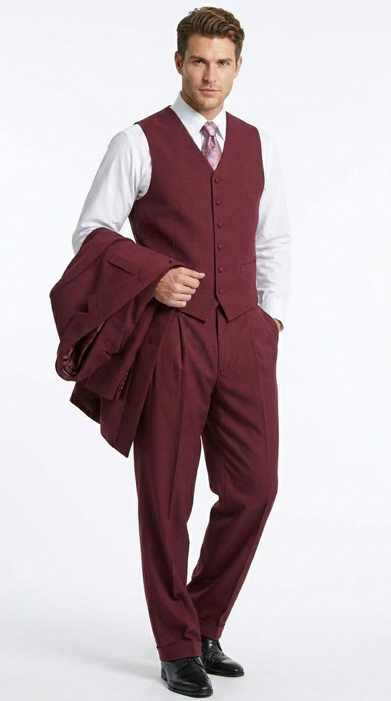 Men’s Burgundy Maroon Zoot Suit with 38 Inch Long Jacket, Wine Color 3 Piece Fashion Suit
