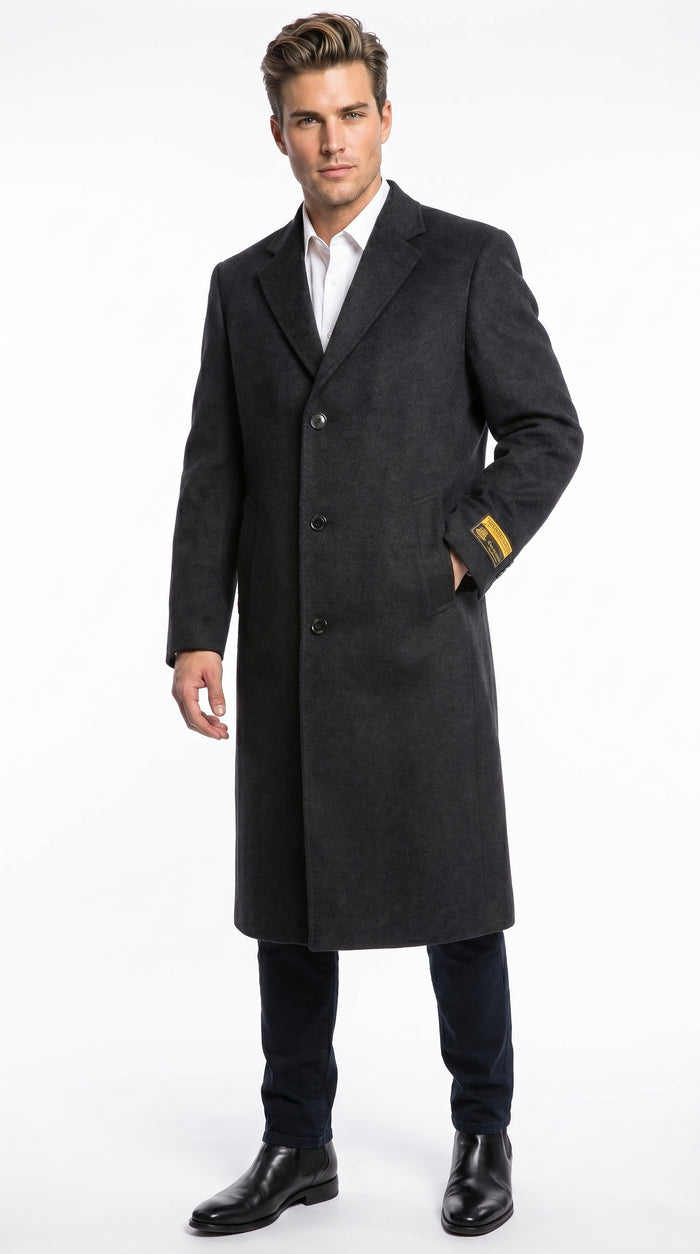 Men’s Charcoal Full Length Wool Dress Topcoat, Formal Winter Overcoat for Men