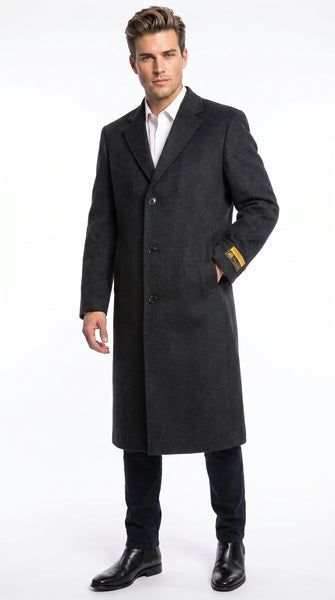 Men’s Charcoal Full Length Wool Dress Topcoat, Formal Winter Overcoat for Men