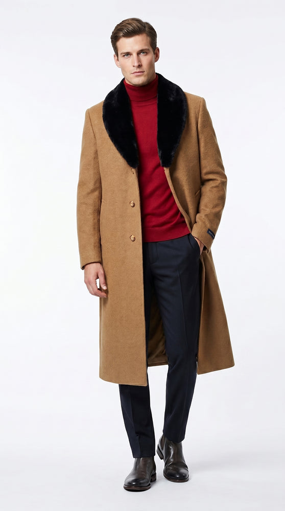 Men’s Camel Big and Tall Long Overcoat with Black Fur Style Collar, Winter Dress Topcoat up to Size 68