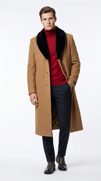 Men’s Camel Big and Tall Long Overcoat with Black Fur Style Collar, Winter Dress Topcoat up to Size 68