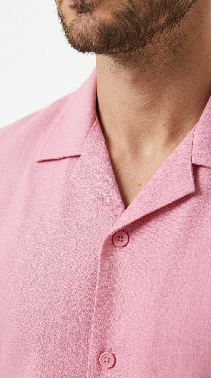 Men’s Lilac Pink Linen Walking Suit with Short Sleeve Shirt and Matching Pants, Summer Casual Outfit