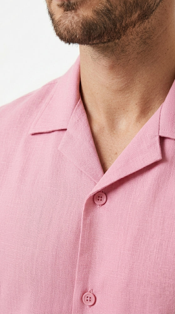 Men’s Lilac Pink Linen Walking Suit with Short Sleeve Shirt and Matching Pants, Summer Casual Outfit