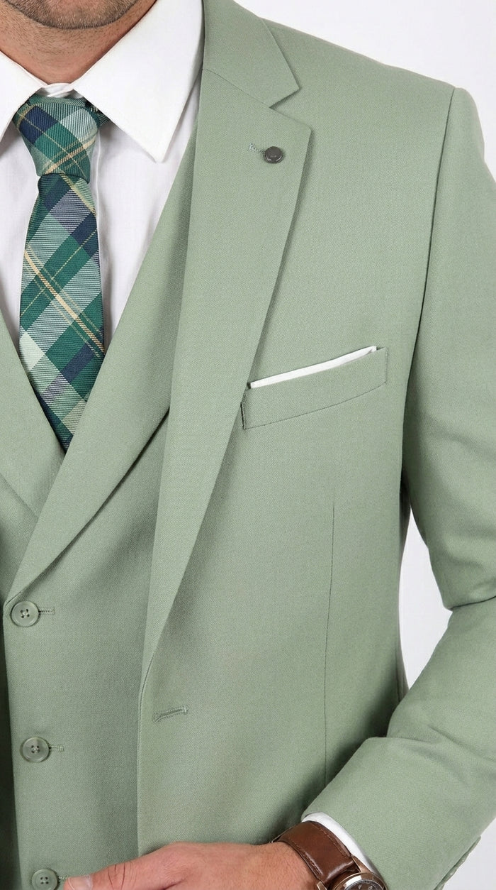 Men’s Sage Green 3 Piece Suit with Jacket, Vest and Pants, Light Green Summer Wedding Suit