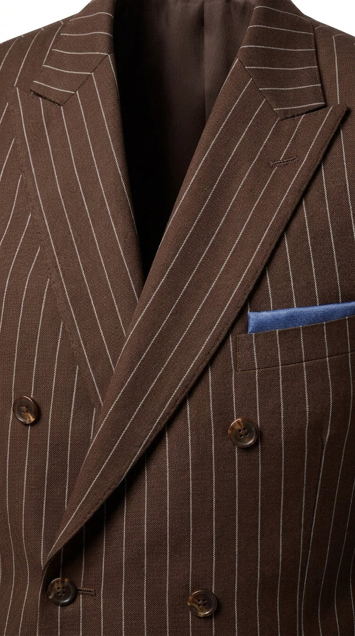 Rockefeller Collection Men’s Brown Double Breasted Pinstripe Suit, Regular Fit 2 Piece Formal Business Suit Set