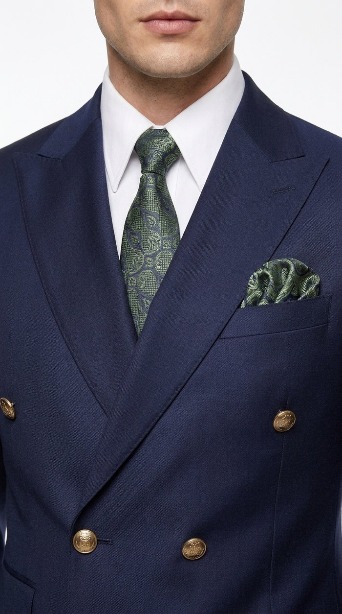 Men’s Navy Blue Double Breasted Suit, Slim Fitted Cut Formal Business Wedding Suit with Flat Front Pants