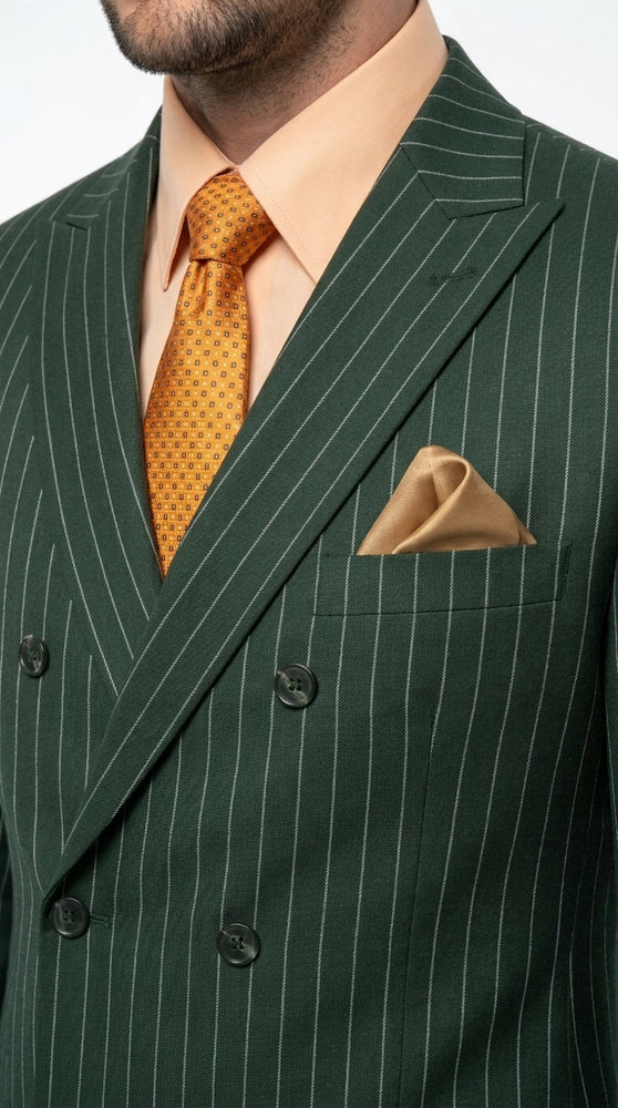 Rockefeller Collection Men’s Hunter Green Double Breasted Pinstripe Suit, Regular Fit 2 Piece Formal Business Suit Set