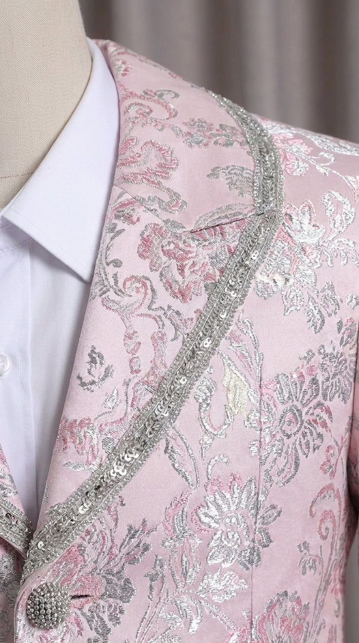 Men’s Pink Floral Paisley Prom Tuxedo with Silver Trim, Fancy Wedding Party Dinner Jacket Suit