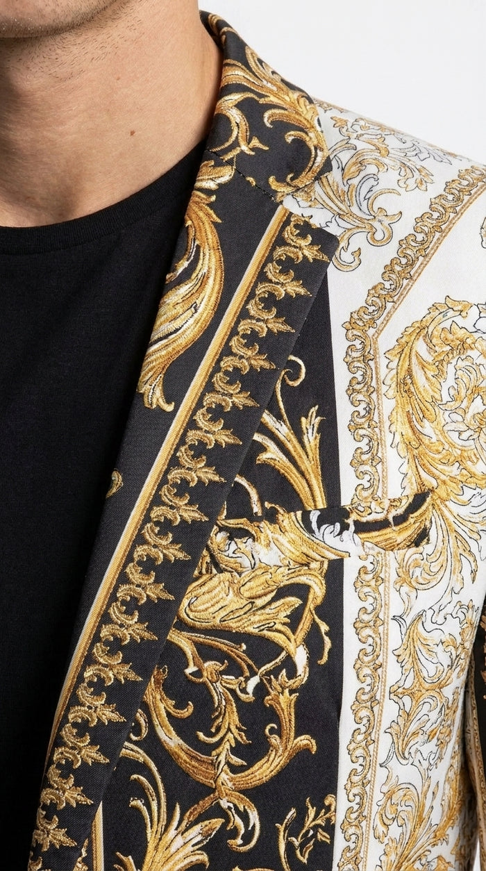 Men’s Black and Gold Baroque Print Blazer – Luxury Yellow Pattern Sport Coat for Wedding, Prom and Party
