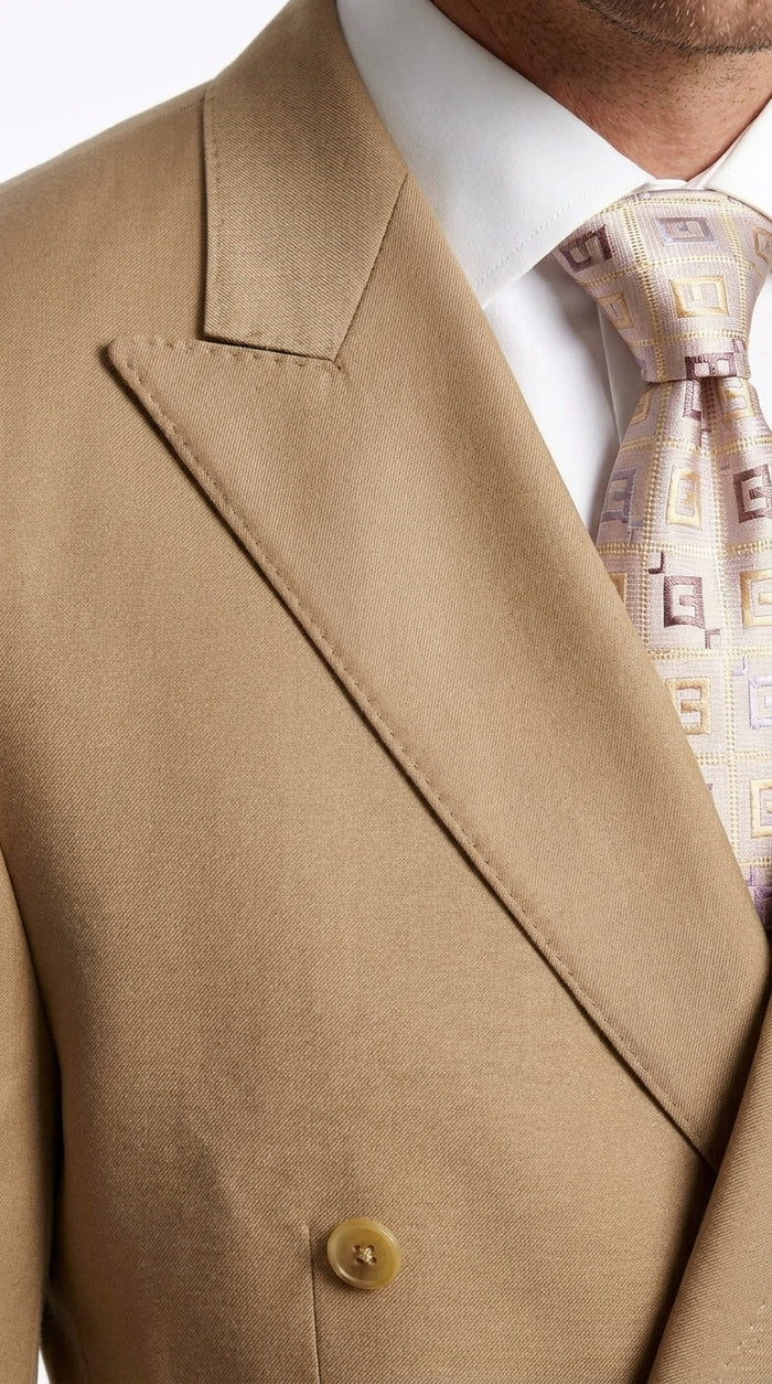 Men’s Khaki Bronze Camel Double-Breasted Suit – Classic Pleated Pants Wedding, Business and Formal Suit