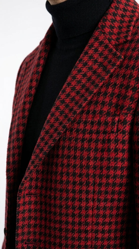 Men’s Red and Black Plaid Peacoat – Wool-Blend Houndstooth Winter Overcoat