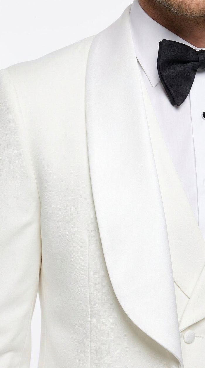 Men’s White 3-Piece Tuxedo Suit – Wide Shawl Lapel Wedding, Prom and Formal Suit