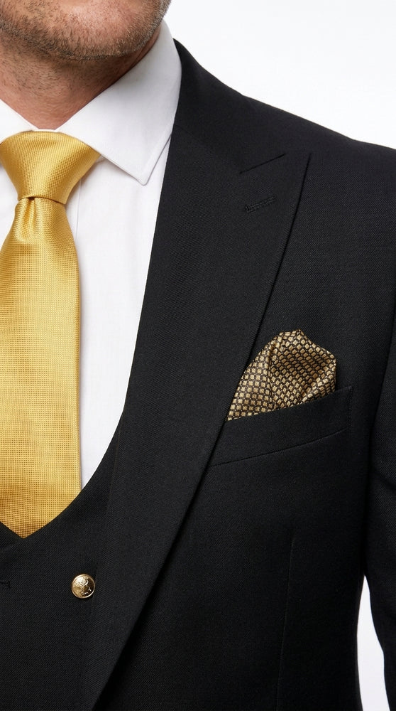 Men’s Black Slim-Fit 3-Piece Suit with Gold Buttons – Double-Breasted Vest Wedding and Formal Suit