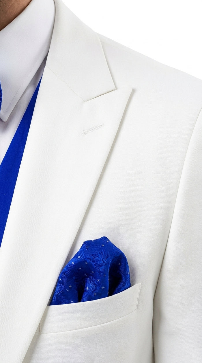 Men’s White and Royal Blue Tuxedo Wedding Suit – White Dinner Jacket with Royal Blue Vest, Pants & Bow Tie