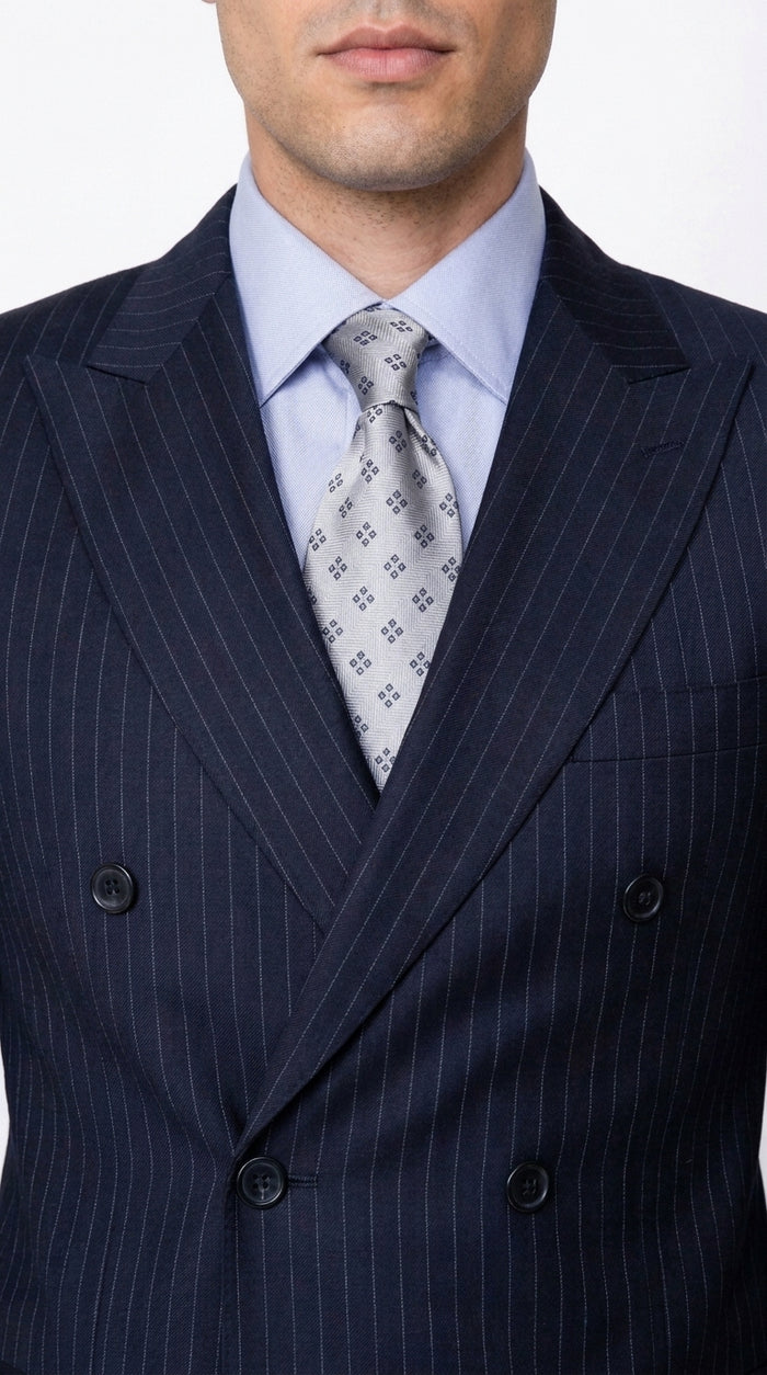 Men’s Dark Navy Blue Pinstripe Double Breasted Suit, Formal Business Wedding Dress Suit