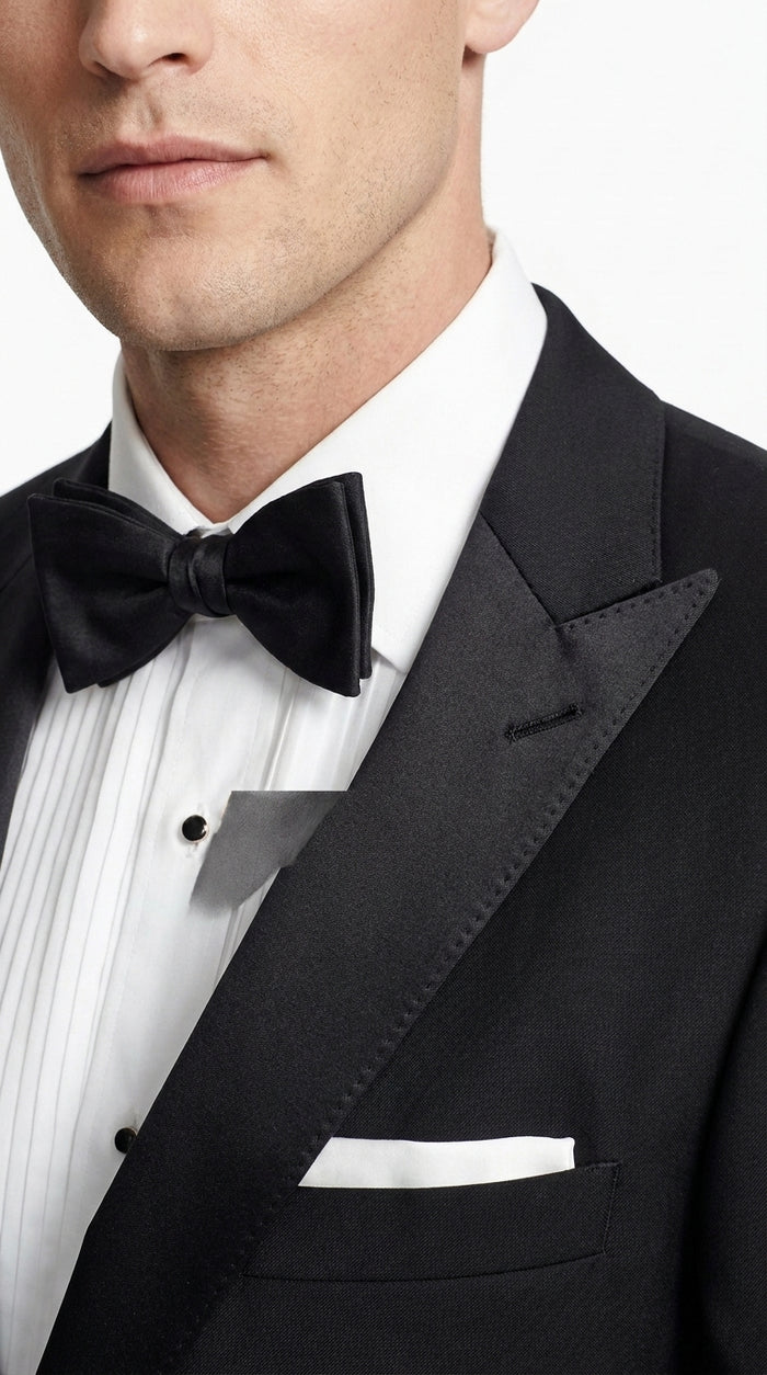 Men’s Black 100% Worsted Wool Tuxedo, Peak Lapel Formal Wedding Prom Dinner Suit