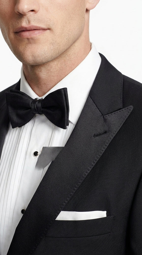 Men’s Black 100% Worsted Wool Tuxedo, Peak Lapel Formal Wedding Prom Dinner Suit