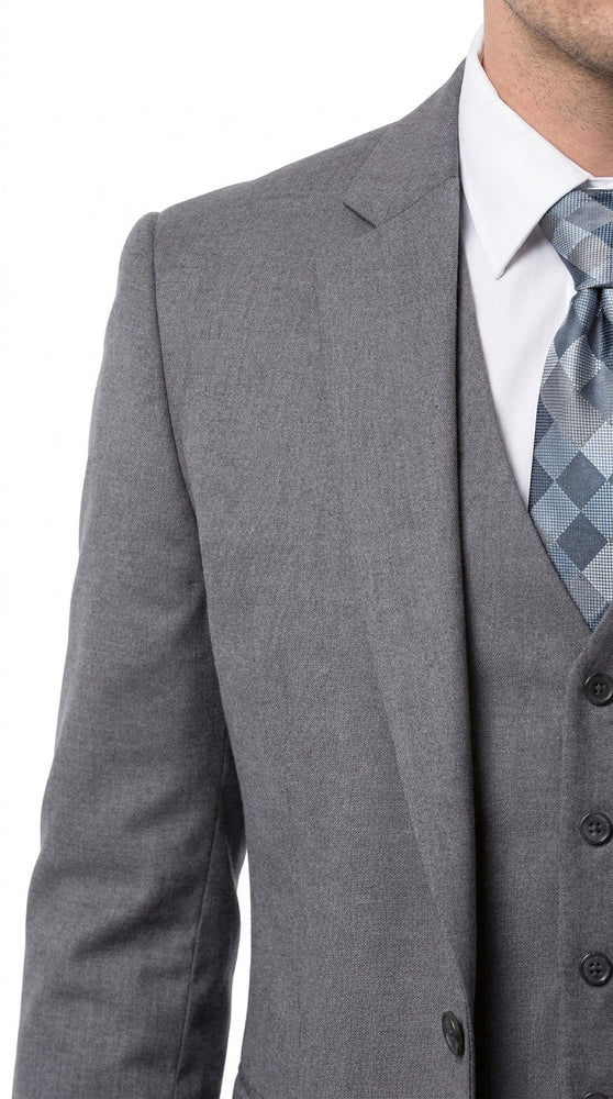 Men’s Charcoal Grey 3 Piece Suit, Notch Lapel 2 Button Vested Formal Business Dress Suit