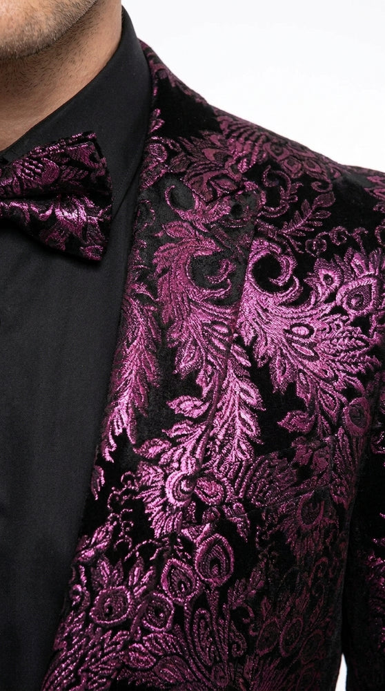 Men’s Black and Deep Pink Floral Tuxedo Suit, Slim Fit 2 Piece Formal Prom Wedding Suit with Bow Tie