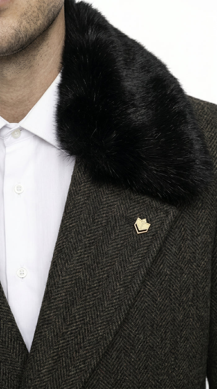 Men’s Brown Big and Tall Long Overcoat with Fur Style Collar, Winter Dress Topcoat in 4XL 5XL 6XL