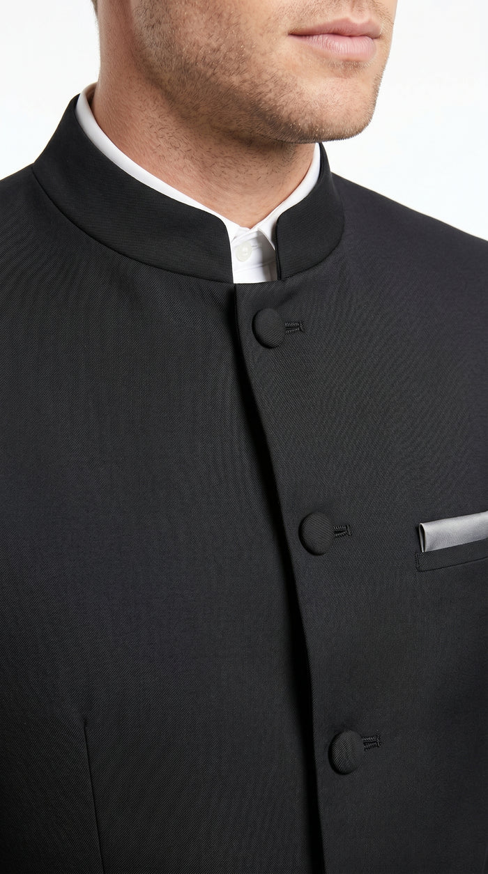 Men’s Black 5 Button Mandarin Collar Nehru Style Suit, Formal Banded Collar Dress Suit