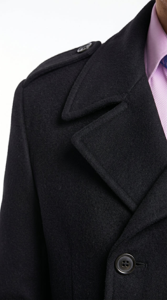 Men’s Black Wool Blend Double Breasted Peacoat, Designer Style Winter Dress Coat