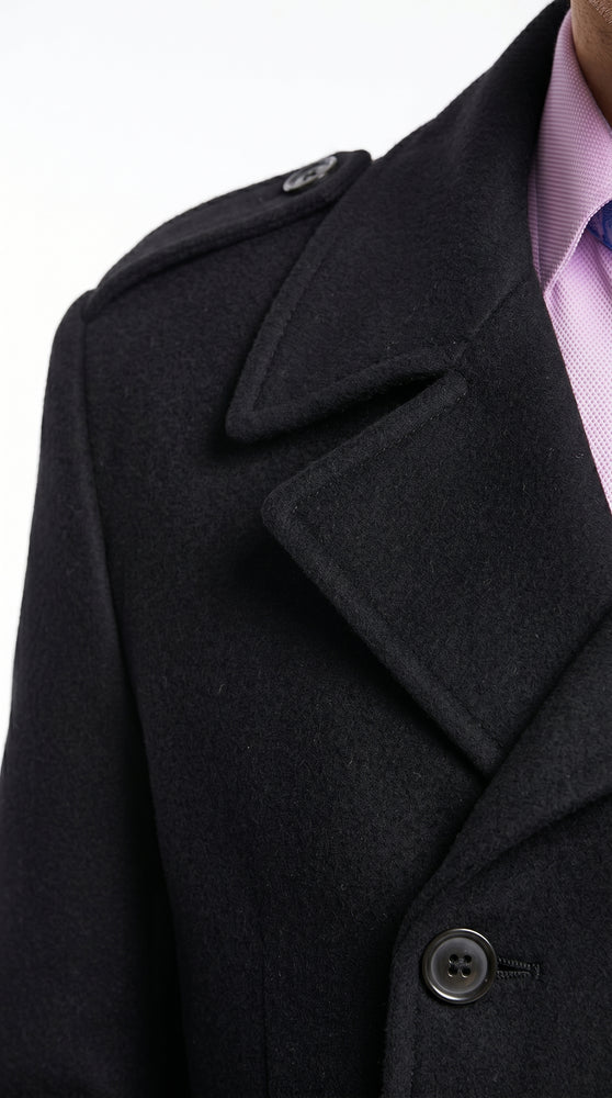 Men’s Black Wool Blend Double Breasted Peacoat, Designer Style Winter Dress Coat