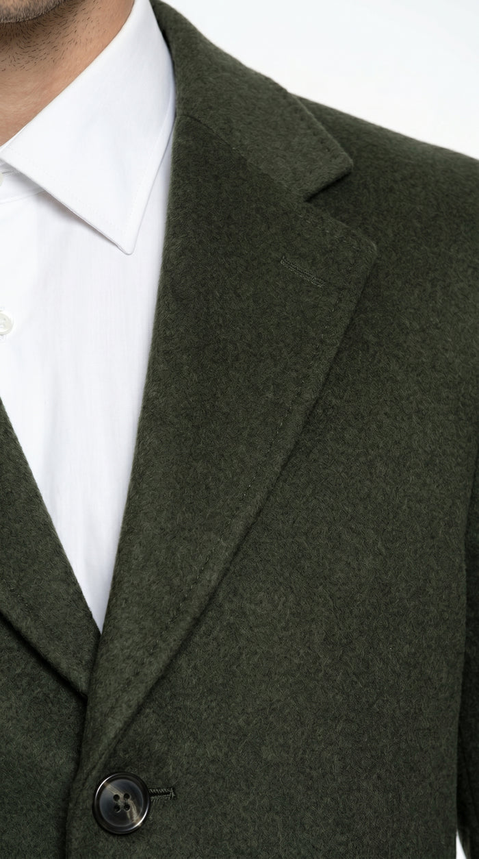 Men’s Olive Green Full Length Wool Blend Topcoat, Long Dress Overcoat for Winter Formal Wear